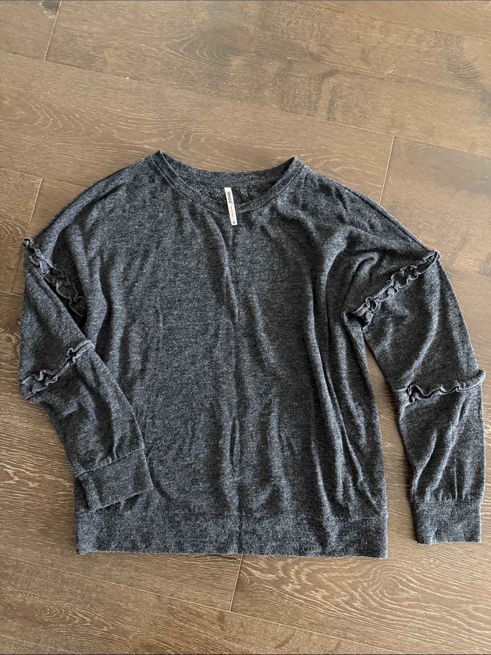Tresics Dark Charcoal Crewneck Sweater with Ruffle Sleeve Detail